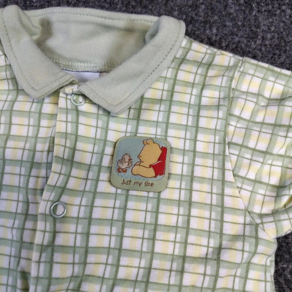 Y2K Disney Baby Winnie the Pooh Green Plaid Romper 3-6 Months